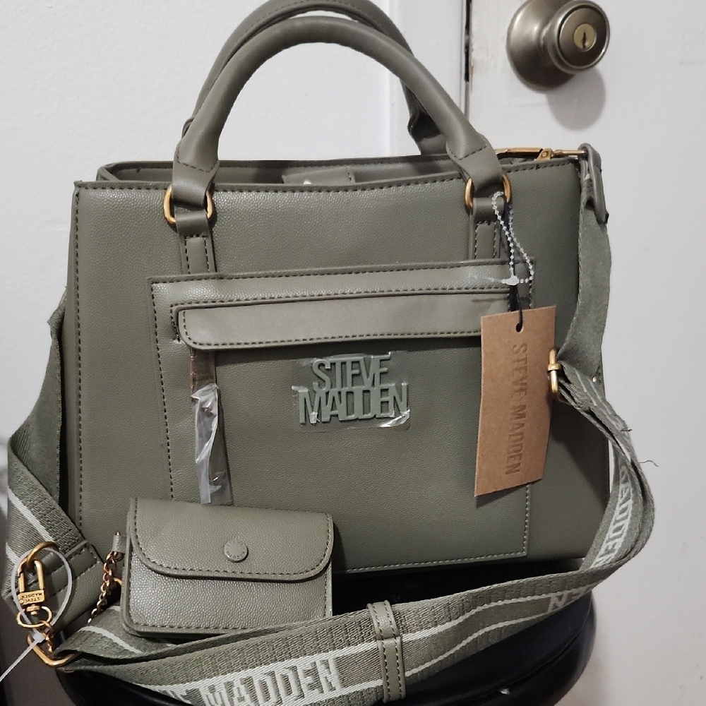 Steve Madden Green Satchel with Top Handle and Brass Hardware